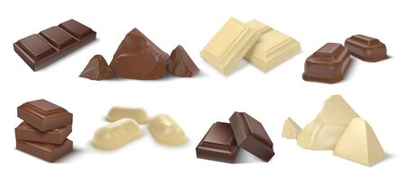 Chocolate pieces. Realistic dark white and milk chocolate bars and candies, chunk of cocoa dessert and square chocolate candy. Vector set sweet cubes pieces dessert cacao eatingのイラスト素材