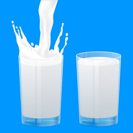 Glass cup with milk. Realistic isolated splash, liquid milky flow and crown, organic milkshake concept. Vector realistic full glass white color liquid on blue backgroundのイラスト素材