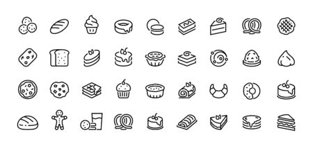 Bread line icons. Bakery and dessert with croissant muffin donut pizza sandwich cookies and cakes. Vector illustration sweet bakery linear symbols set on whiteのイラスト素材