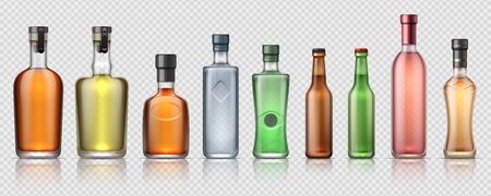Realistic alcohol bottles. Transparent glass containers for whiskey, tequila, vermouth and other alcoholic beverages. Vector isolated set luxury bottle for beverage or premium drinkのイラスト素材