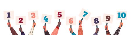 Male and female hands holding signs with amount of scores. Votes of judges. Vector collections...