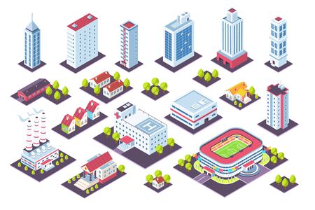 Isometric buildings set. City houses and industrial constructions, 3D factory offices cottage museum. Vector illustration view from above real urban estate setのイラスト素材