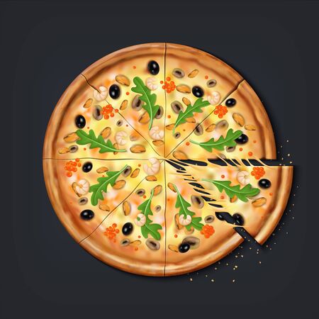 Realistic pizza pieces. Fresh pizza part with stretching cheese ready to eat, traditional Italian food with mozzarella and tomatoes. Vector illustration 3D top view round european snacks with cheeseのイラスト素材