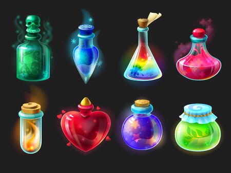 Magic potion. Cartoon game interface elements, alchemist bottles with elixir, poison, antidote and love potion. Vector fantasy and fairy tales objects set for design guiのイラスト素材