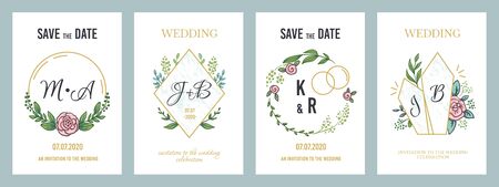 Wedding posters. Luxury invitation card template with floral monograms and minimalist design elements. Vector illustration modern pastel banners invites on holiday
