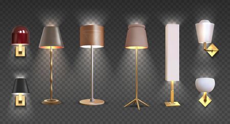 Realistic floor lamp. 3D closeup render of modern electric torchere with light isolated on transparent background. Vector illustration light furniture set for illumination interiorのイラスト素材