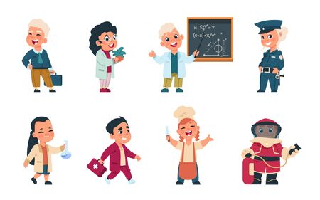 Kids professions. Cartoon cute children dressed in different occupation uniform, businessman worker doctor cook. Vector cute boys and girls playing characters with jobs different occupationのイラスト素材
