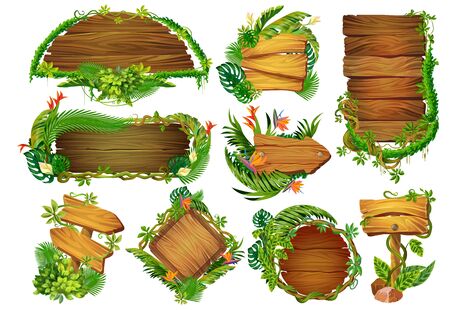 Cartoon wooden panels. Game pointers and info tables with tropical lianas and plants, sign boards in jungle forest. Vector illustration wooden label set on dark backgroundのイラスト素材