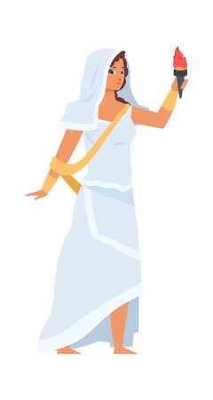 Greek goddess Hestia. Vector illustration Vesta character with torch in hand. Beautiful girl in white clothesのイラスト素材