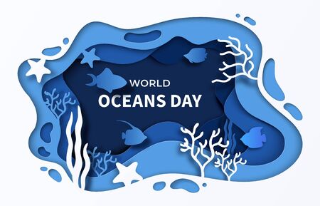 World Oceans Day paper cut sea background. 8 june paper craft summer poster for help sea ecosystem. Vector cartoon illustrations underwater ocean coral reef with waves fish and seaweeds conceptのイラスト素材