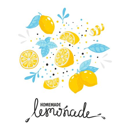 Homemade lemonade hand drawn typography. Summer natural cold cocktail with lemon. Vector handmade drink sketch lemon illustration stickerのイラスト素材