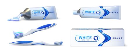 Toothpaste. Realistic 3D tube packaging mockup with brand identity and dental care advertisement. Vector isolated illustration oral hygiene products set with toothbrush and toothpasteのイラスト素材