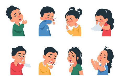 Sneezing kids. Cartoon boys and girls characters coughing and catching flu, coronavirus disease symptoms and prevention concept. Vector kids with virus infection sneezes, cough, headacheのイラスト素材