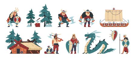 Vikings. Cartoon barbarian characters with steel and leather weapon and armor, scandinavian funny illustration. Vector history isolated character barbarians flat setのイラスト素材