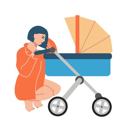 Happy mother with pram. Mom crouched in stroller with newborn. Vector illustration character smiling women on white backgroundのイラスト素材