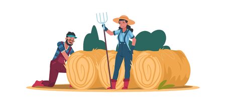 Agricultural cartoon workers. Man and woman work on the farm. Vector images working gardener for hayのイラスト素材