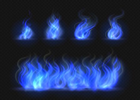 Realistic blue fire flames set. Transparent torch effect, abstract blue light flare, campfire design template. Isolated vector 3D illustration blazing gas effectのイラスト素材