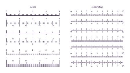 Ruler scale. Measuring metrics and inch indicators, precision line graphic with centimeter marks. Vector isolated illustration set of ruler signs for measurementのイラスト素材