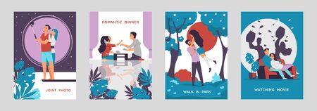 Romantic couples posters. Cartoon characters walking and enjoying time together, postcards with love...