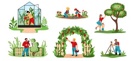 Planting. Cartoon agricultural workers cutting trees and bushes, planting crops and flowers. Vector illustration people working in garden or orchard and growing organic food in greenhouseのイラスト素材