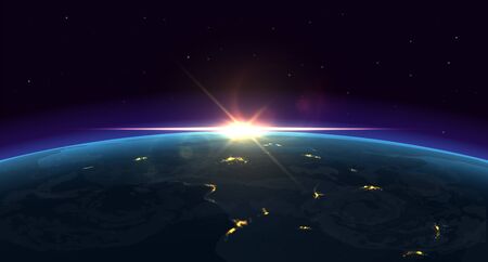 Earth view. Realistic night background of planet with glowing blue atmosphere and city lights from...