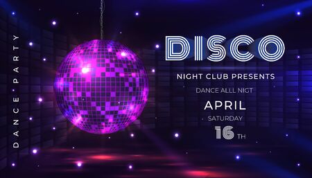 Disco party poster. Dance and music night party flyer with 80s disco ball and light effects. Vector...