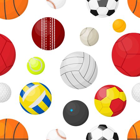 Sport balls background. Flat seamless banner with balls for football basketball soccer baseball sport games. Vector illustration healthy lifestyle posterのイラスト素材
