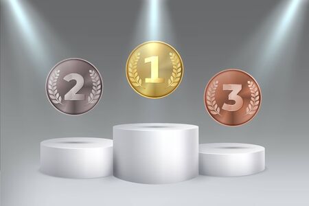 Golden, silver, bronze awards for first, second, third place on podium. Medals on pedestal vector 3d realistic illustration. Winner three places pedestalのイラスト素材