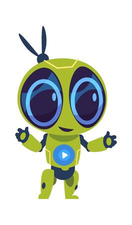 Friendly robot. Futuristic droid with friendly eyes. Cartoon vector image humanoid technology character on white backgroundのイラスト素材