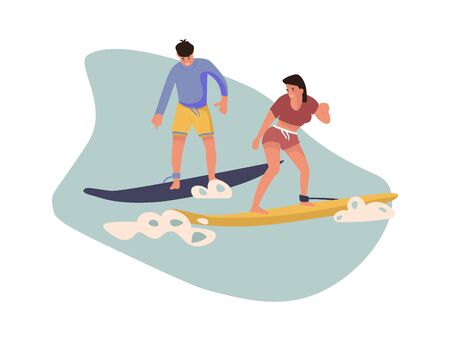 Cartoon character surfing. Vector colour image people beach activities. Summer illustrations surfboard on waves on white backgroundのイラスト素材