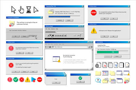 Old computer window. Popup warning, error and installation windows, media player and file manager classic retro design. Vector illustration vintage tab 90s software UIのイラスト素材
