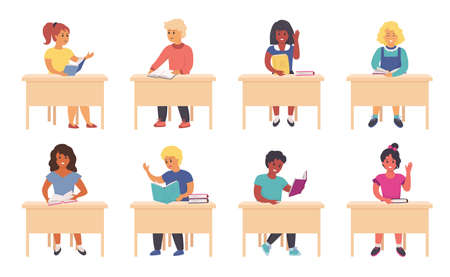 Children reading in school. Cartoon cute school kids and students sitting at the desk and studying. Vector illustration school boys and girls learning with books, study at the tableのイラスト素材
