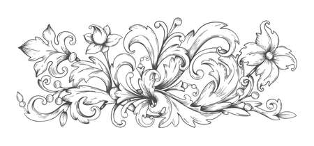 Baroque ornament. Border engraved filigree elements with leaves, vintage Victorian scroll decorative arabesque. Vector black and white image frame heraldic swirl for decor album pagesのイラスト素材