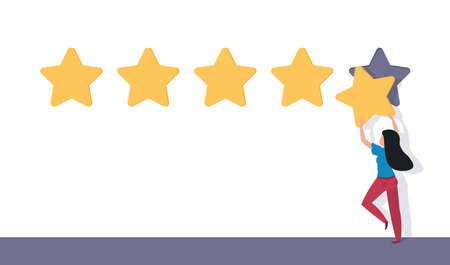 Five star rating. Flat man holding 5 stars. Rating and feedback vector concept. Best rank...
