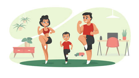Family workout. Cartoon characters doing sport exercises at home, indoor activities with children concept. Vector illustrations mom and dad exercising fitness in gymのイラスト素材