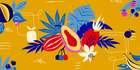 Tropical background. Abstract doodle exotic plants leaves and fruits for greeting card, colorful...