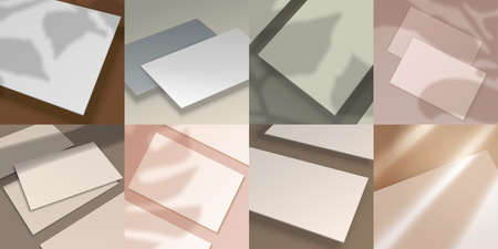 Shadow overlay. Business cards, 3D paper sheets and posters with realistic leaf and window shadows. Vector image mockup set with overlay effect blurred leavesのイラスト素材