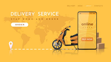 Delivery service. Online food order landing page with realistic scooter. Vector image web page and mobile application concept of food delivery orderingのイラスト素材