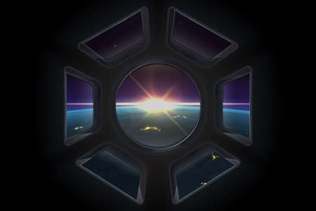 Space view. Realistic space station window with view to planet Earth with night cities and...
