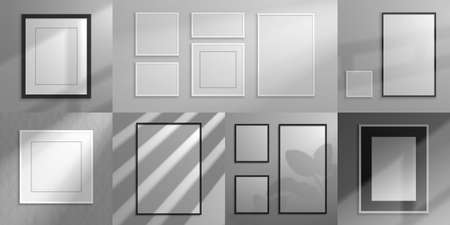 Realistic frames. Interior decorative elements, 3D mockups with shadow overlay effect for poster and banner design. Vector set illustration squared mock up for photoのイラスト素材