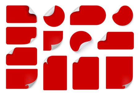 Red price stickers. Labels with wrapped corners. Vector illustration edge corner sheets bundled for sticker designのイラスト素材