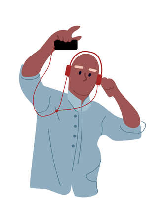 Cartoon man listen music. Dancing young character with mobile and red headphones. Boy with smartphone singing song leisure time, entertainment concept modern flat vector isolated on white illustrationのイラスト素材