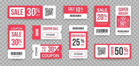 Discount tickets. Sale marketing promotion collection ribbed lottery paper coupon design mockups with barcode, tear-off QR-code. Templates with reduced price vector set in red and white colorsのイラスト素材