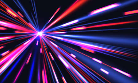 Light speed trails. Cyberpunk background with blurred motion city shine effect. Multiplicity of...