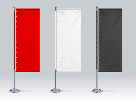 Flag banner mockup. Realistic blank hanging advertising cloth, white red and black fabric outdoor exhibition stand. Collection 3D banners for brandingのイラスト素材