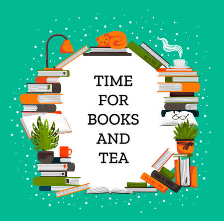 Books poster. Pastime of reading literature with cat. Studying and learning concept with cartoon stacks and piles of textbooks, circle banner with copy space. Vector intellectual club flat backgroundのイラスト素材