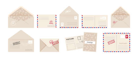 Envelope and greeting card. Cartoon invitation letter and postcard set with post stamps. Kraft paper square covers front and back, open and close postal express delivery. Vector isolated collectionのイラスト素材