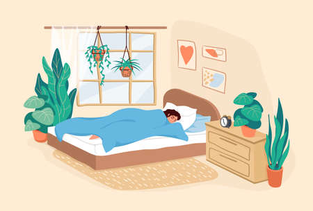 Sleeping woman. Cartoon adult girl resting in bedroom during the day, scene of human daily routine, female lifestyle in modern interior for posters. Cute vector flat illustration in pastel colorsのイラスト素材