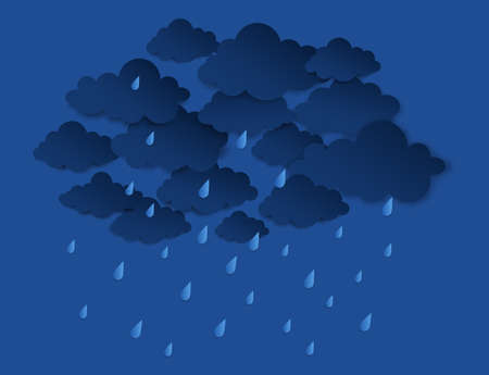 Paper cut rainy sky. Group of dark clouds with raindrops. Origami weather forecast template. Meteorology symbol fallout, thunderstorm theme. Night storm in blue colors. Vector climate illustrationのイラスト素材