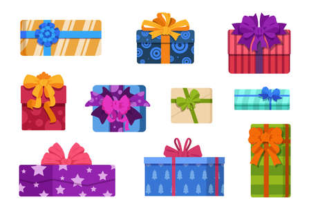 Cartoon gift boxes. Wrapped birthday and Christmas party presents with colorful bows and ribbons. Square surprise packages for holidays on white isolated background. Vector New Year celebration setのイラスト素材